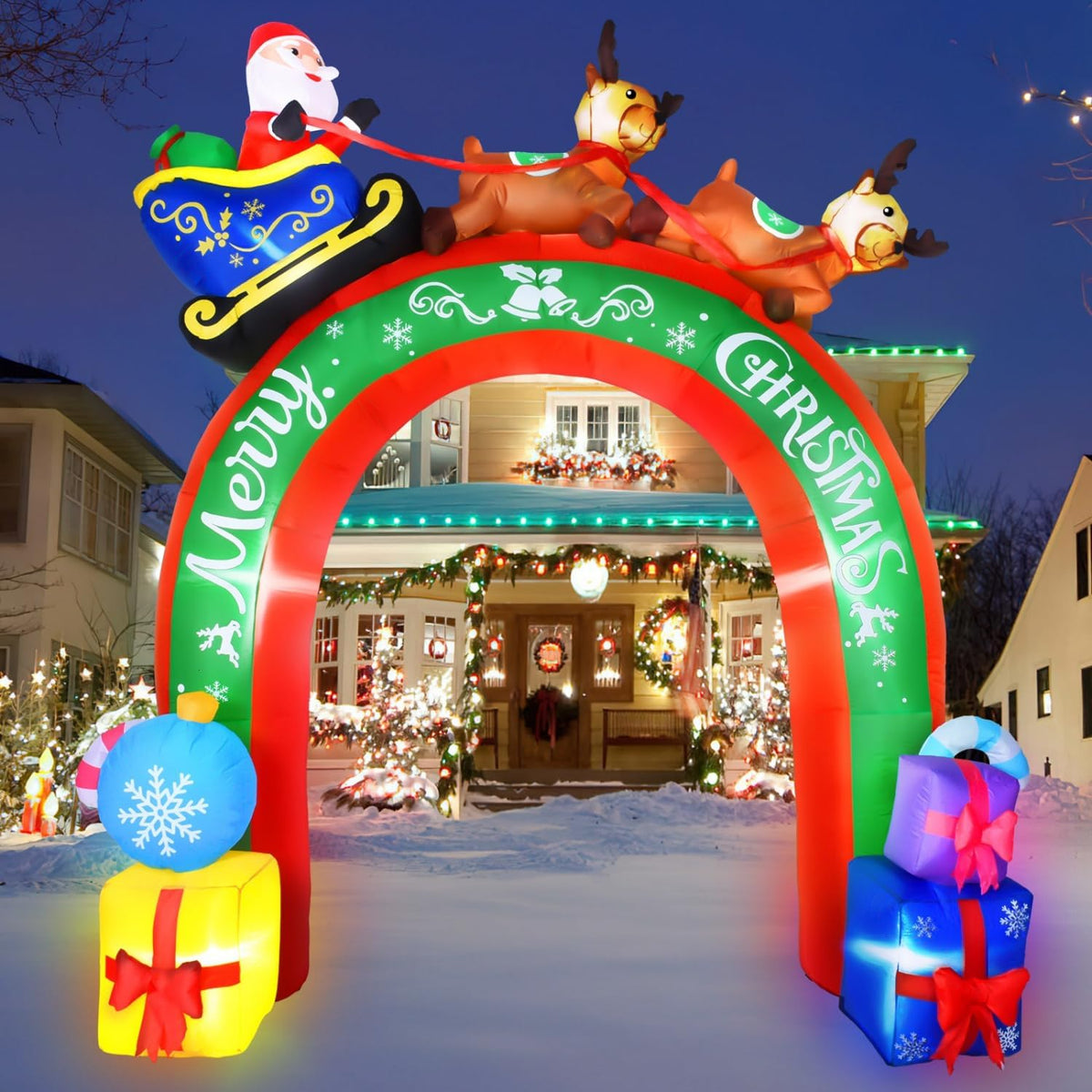 JETEHO 10 FT Christmas Inflatable Archway Outdoor Santa Sleigh Blow Up Arch / Giant Christmas Arch Inflatable