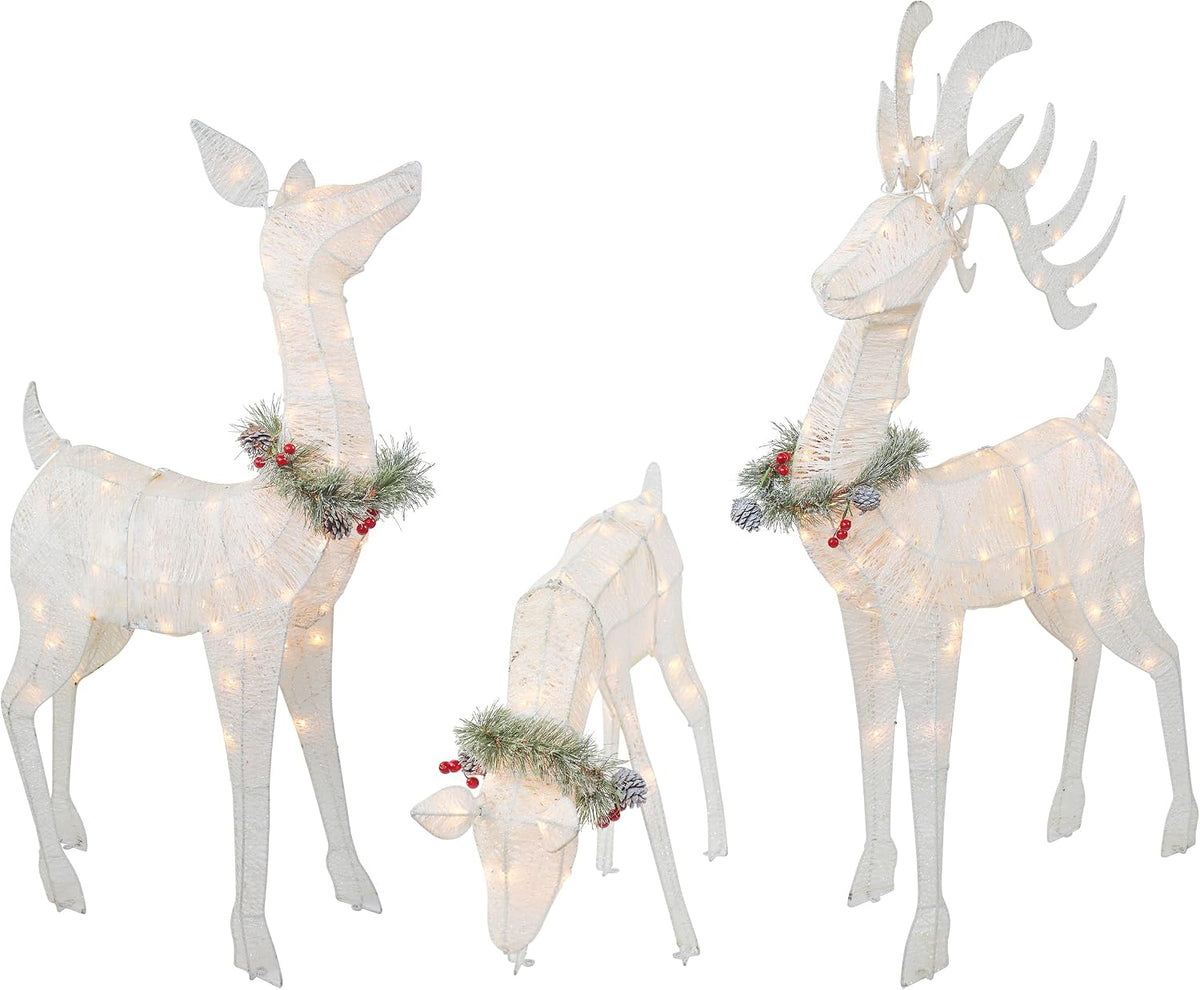 3-Piece Lighted Deer Family with Garland - 210 UL Lights - Outdoor Christmas Yard Decoration, White 52" Buck,