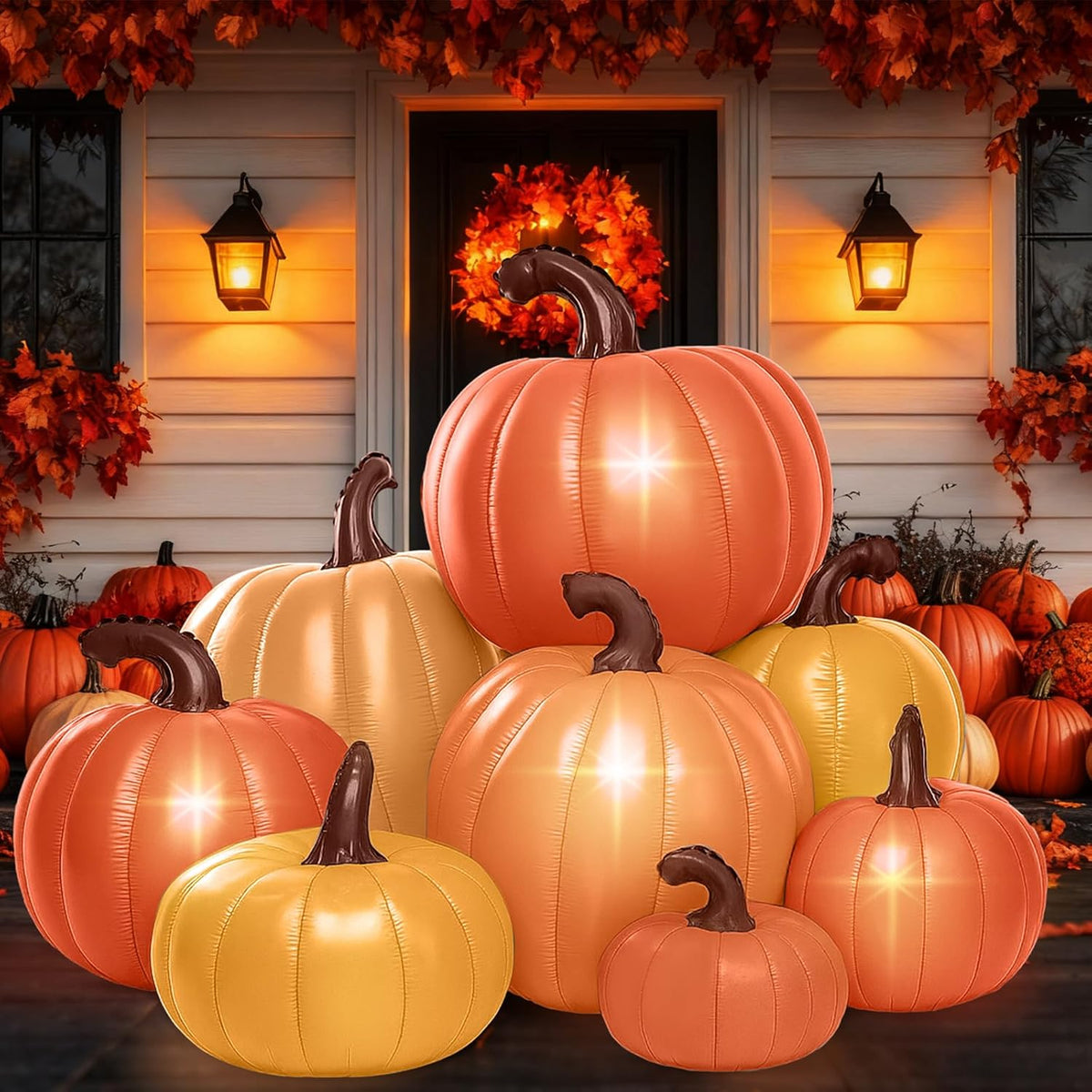 Leyndo 6 ft Tall Fall Stacked Pumpkin Inflatables Outdoor Decorations / Fall Harvest Tower, Warm Night Disp