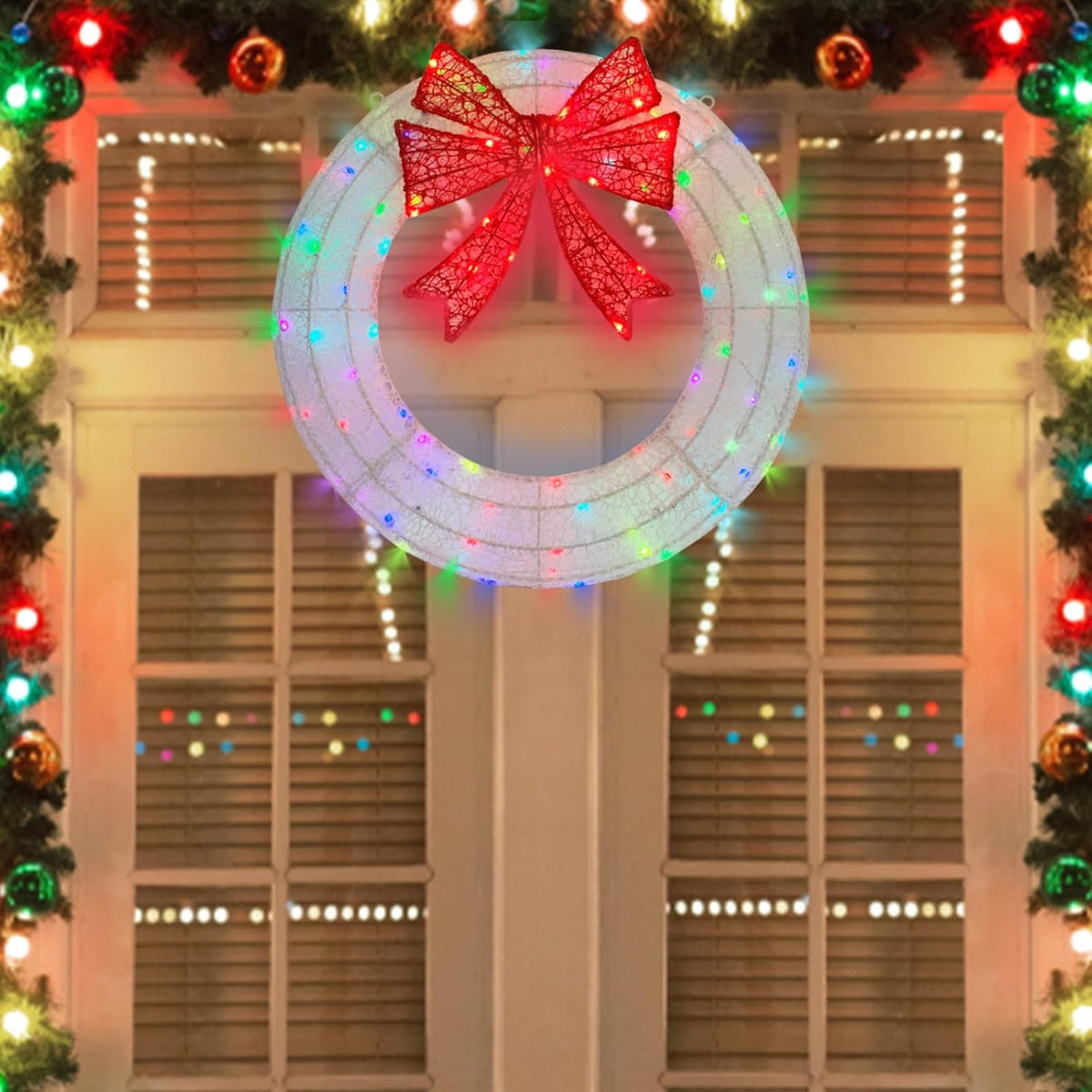 Lighted Wreath Christmas Outdoor Decorations, 24in Small White Christmas Decor Outdoor Wreaths 110