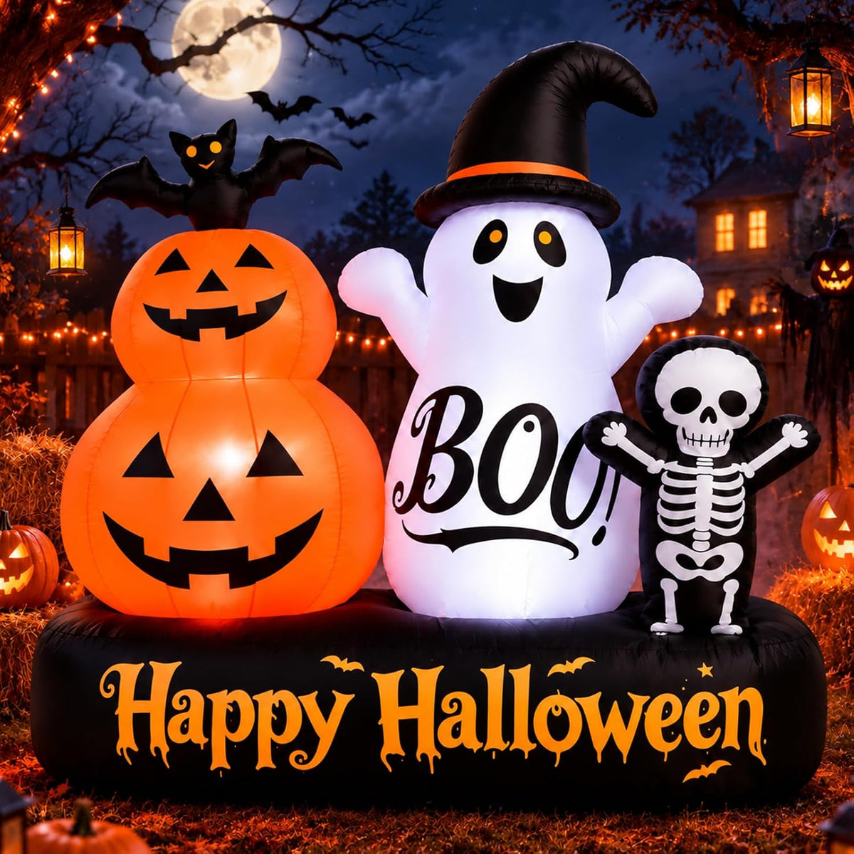 6 FT Halloween Inflatables Ghost Outdoor Decorations, Blow Up Cute Wizard Ghost with Pumpkin, Blow Up Yard