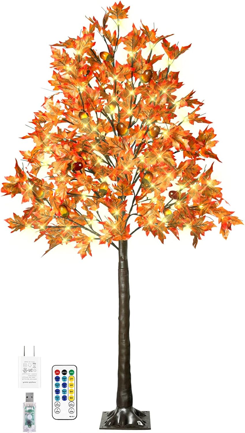 6FT 130 LED Lighted Maple Tree - Thanksgiving Decor Artificial Fall Tree with 13 Branches, 13 Acorns 260