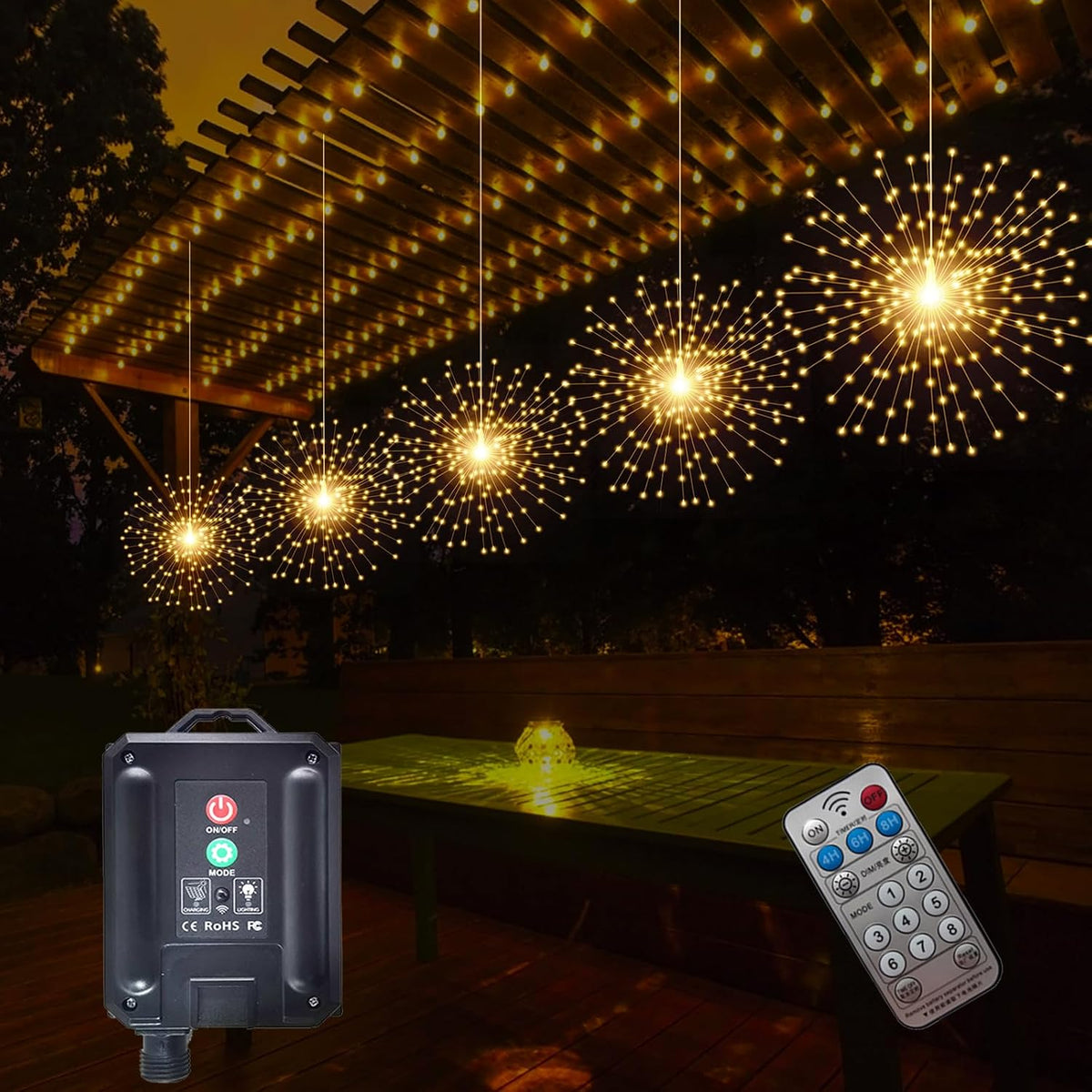 SHUKAN 5 Pcs 1000LED Solar Starburst Sphere Lights,Firework Light Timer / Remote Control,8 Modes Dimmable W