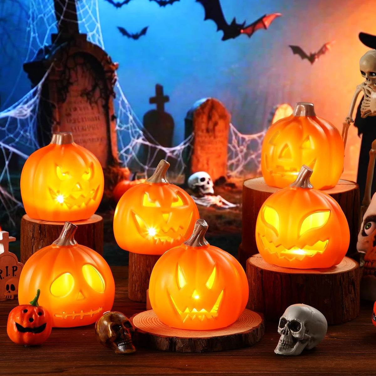 Pinkunn 6 Pcs Light up Jack O Lantern Halloween Pumpkin Lights Scary Glowing Plastic Pumpkin Lamp 5.25 Inch