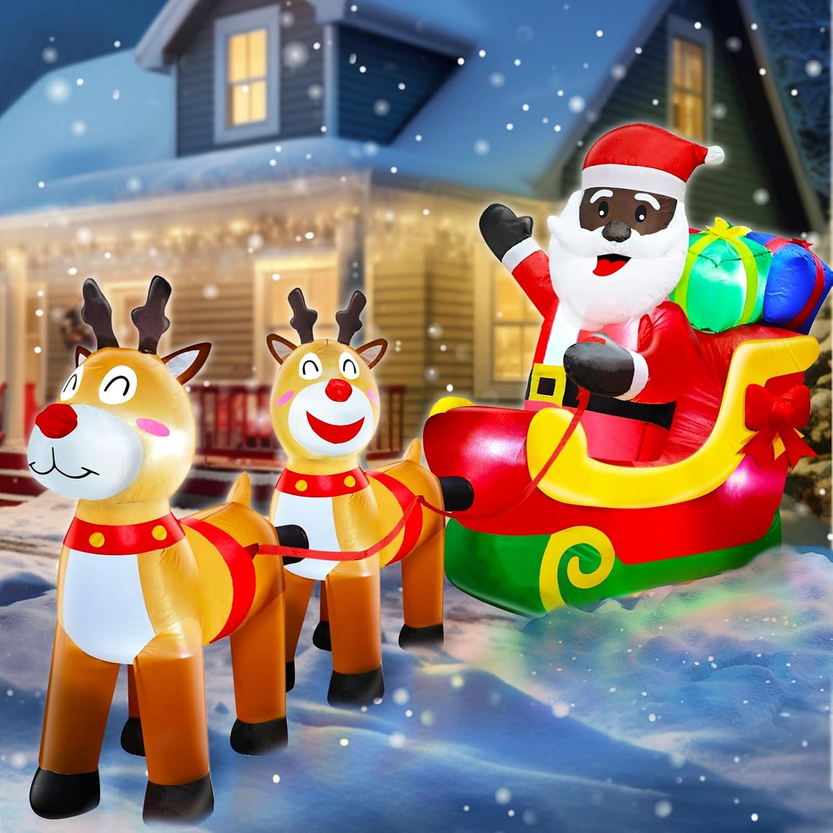 8 ft Inflatable Black Santa on Sleigh with Reindeer, Christmas outdoor decoration