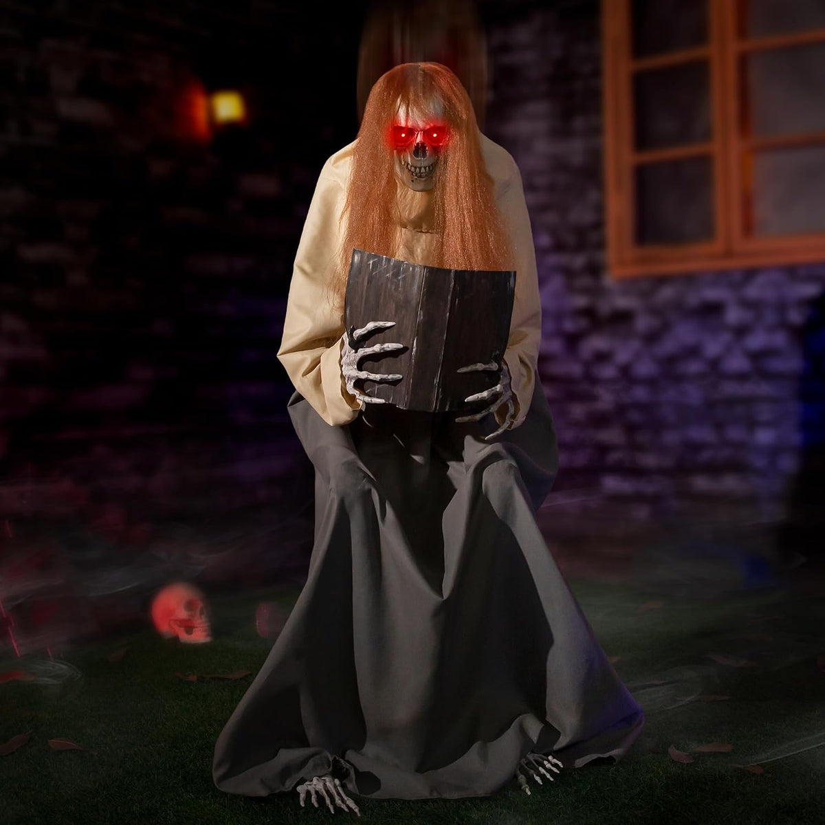 Halloween Animatronics Sitting Skeleton Ghost Decorations, 51'' Animated Jumpscare Decor with Sound