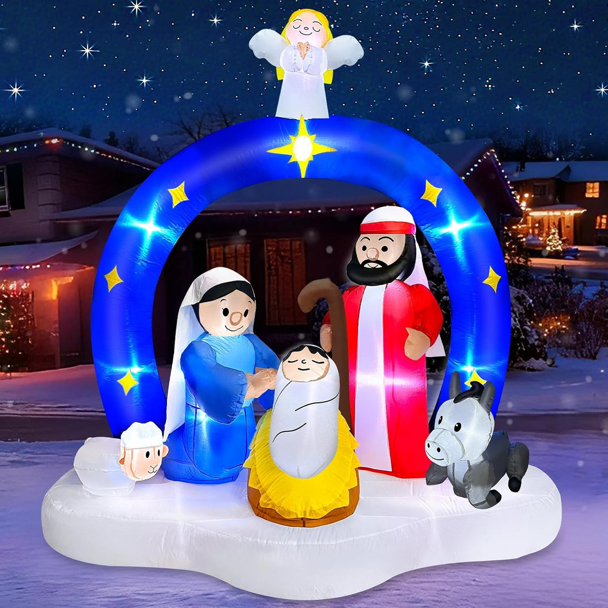 7 FT Tall Christmas Inflatables Nativity Scene with Angel Archway Outdoor Decorations, Blow Up Nativity Set