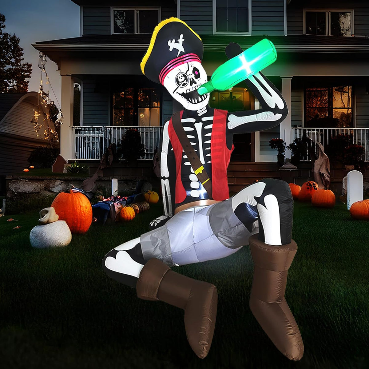 6.5 FT Halloween Inflatables Skeleton, Scary Inflatable Pirate Skeleton / Sitting & Drinking Posture, With