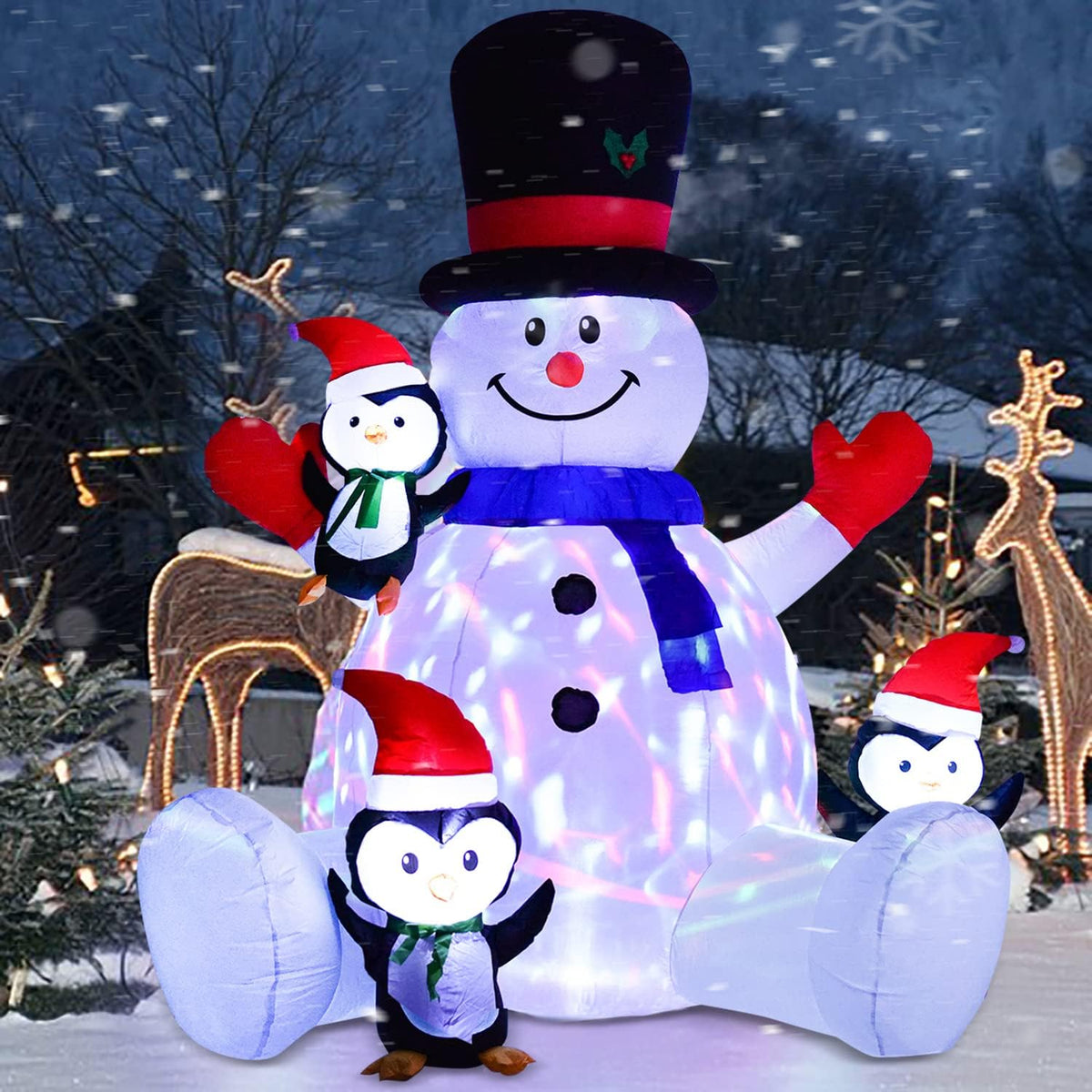DearHouse 7Ft Lighted Christmas Inflatable Snowman with Three Cute Penguins, Rotating 7 Color Changing Lights