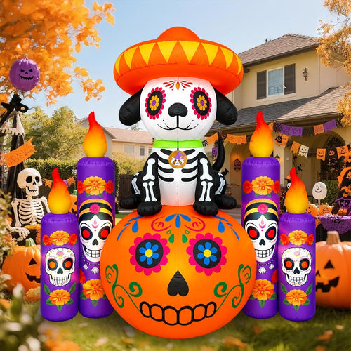 6 ft Día de los Muertos Inflatable Dog with Candles, Halloween outdoor decoration