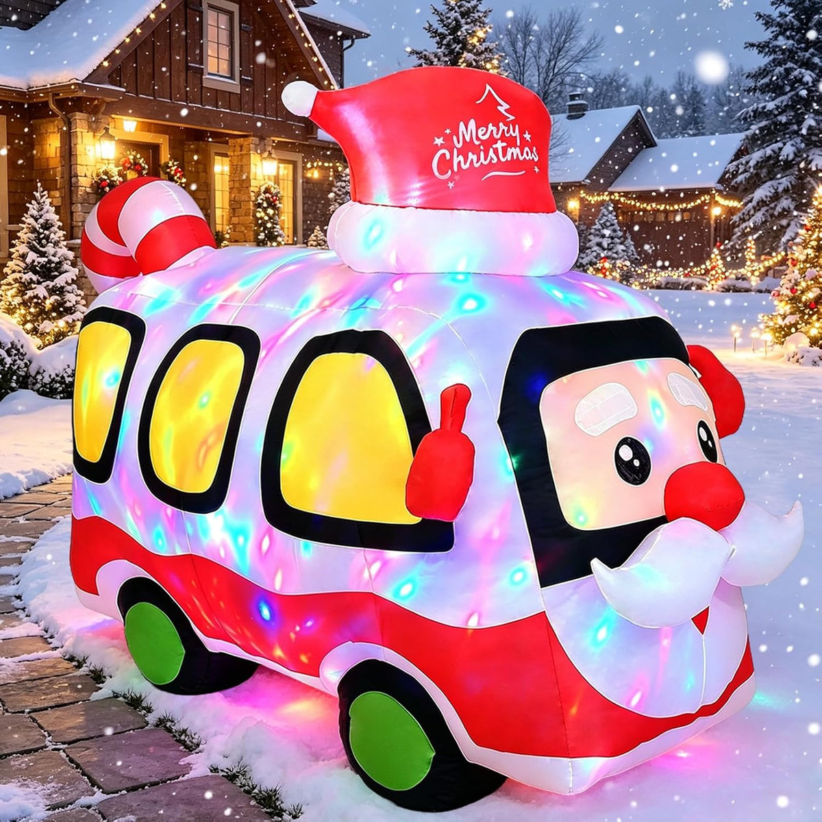 7 FT Christmas Inflatables Outdoor Decorations, Blow Up Santa Claus Bus / with Rotating Colorful LED Lights,