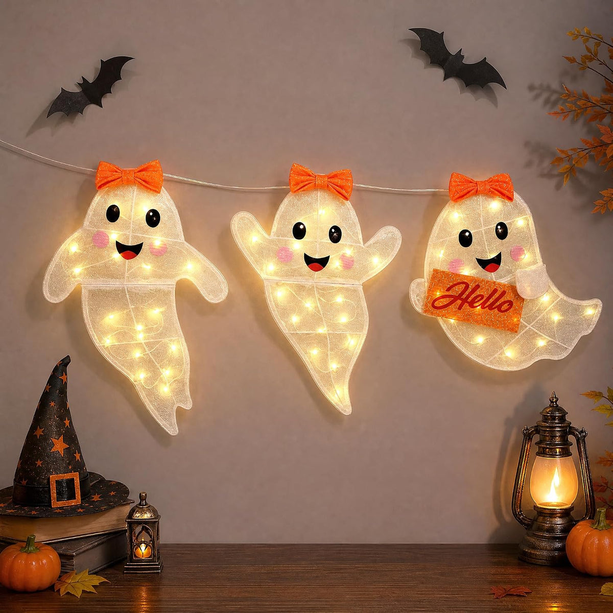 Domvaranique 60-LED Cute Ghost Halloween Lights, Glitter Fabric, Warm Glow / 8 Lighting Modes, Cool to Touch,