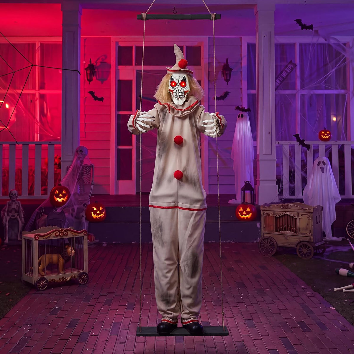 Scary 5.7FT Halloween Decoration Outdoor, Hanging Swinging Clown with Sound / Indoor Outdoor Yard Decor,