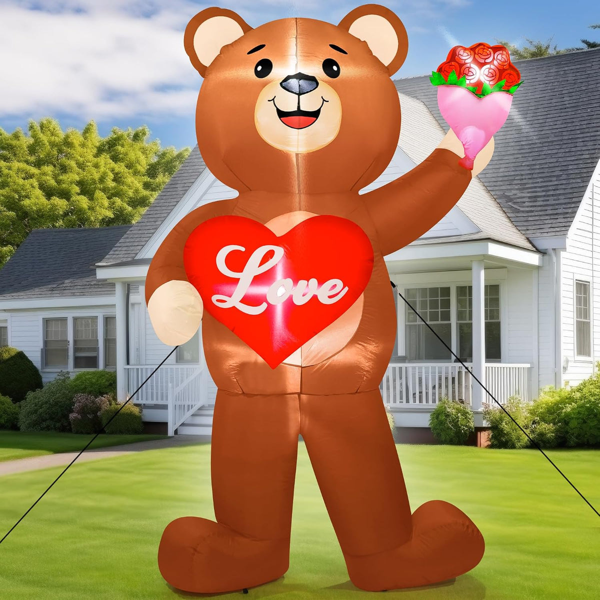 8 FT Valentines Day Inflatables Outdoor, Blow Up Bear Holding Love Heart and and Flowers, Romantic LED