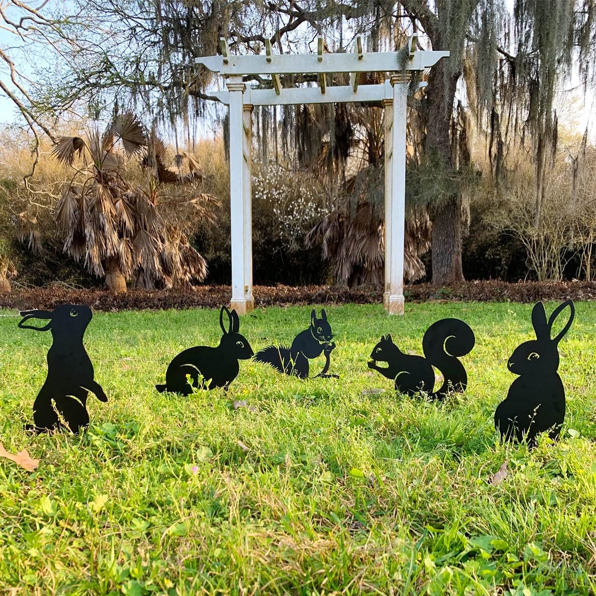 RealSteel Metal Garden Animal Statues & Lawn Ornaments, Bunny Rabbit & Squirrel Garden Stakes 5 Pack – Meta