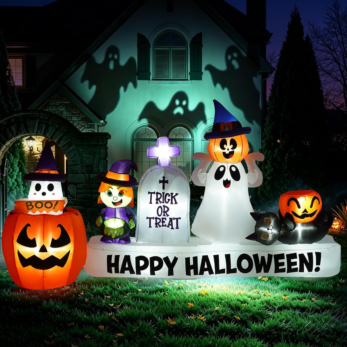 9 FT Long Halloween Animated Ghost Pumpkin Witch Tombstone Cat Inflatables / Pop Up Ghost Outdoor Indoor Yard