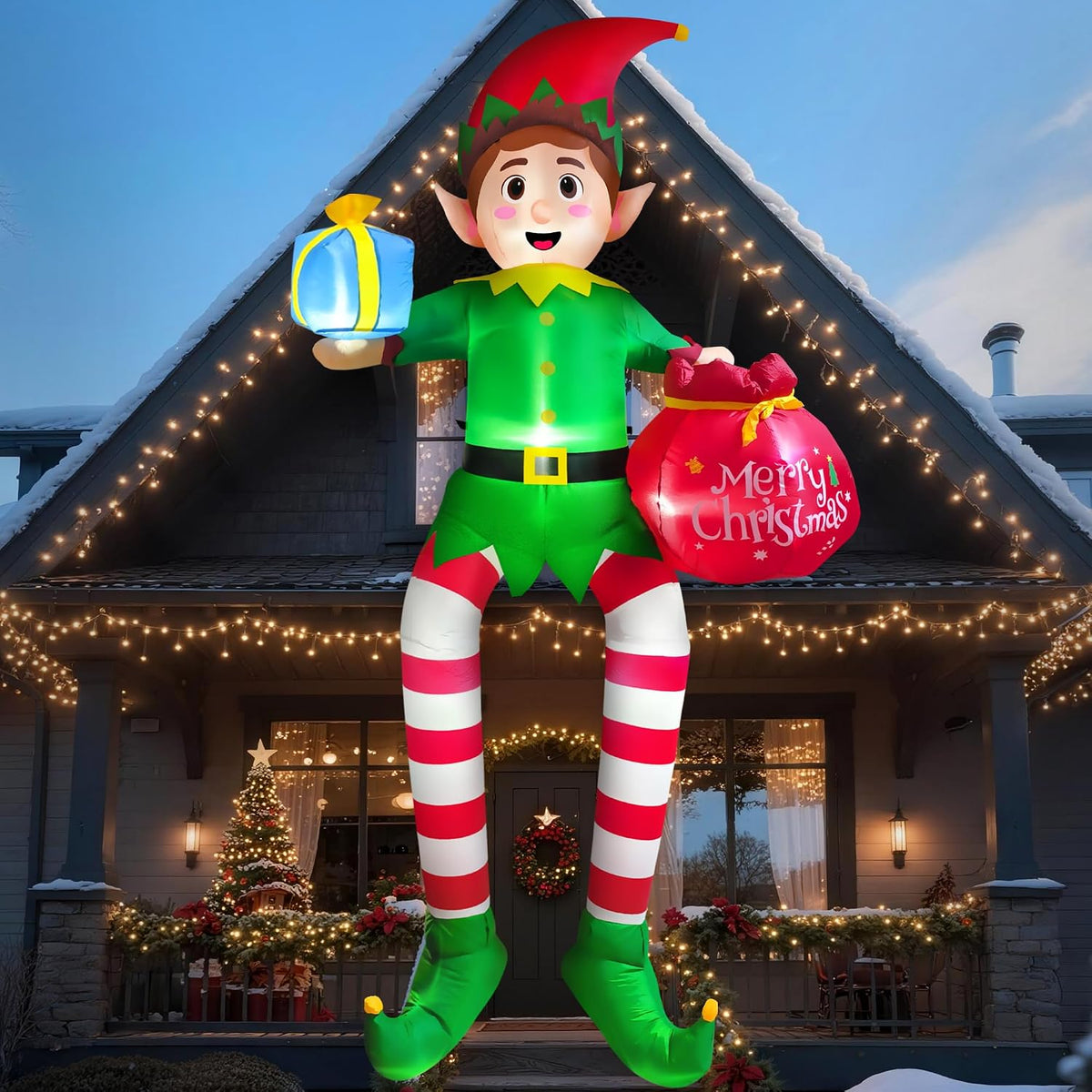 CORALMEE 10FT Christmas Inflatable Outdoor Decoration, Sitting Elf Holding Gift Bag Christmas Blow up Yard