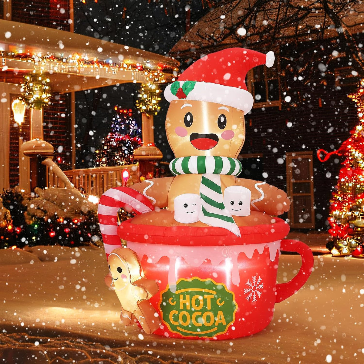GarveeLife 6 ft Gingerbread Man Inflatable Christmas Decorations Outdoor, Cute Blow Up Hot Cocoa Cup