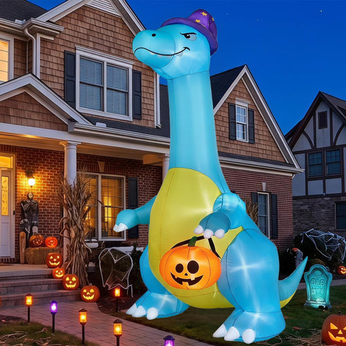 12 ft Inflatable Dinosaur in Witch Hat with Pumpkin, Halloween outdoor decoration