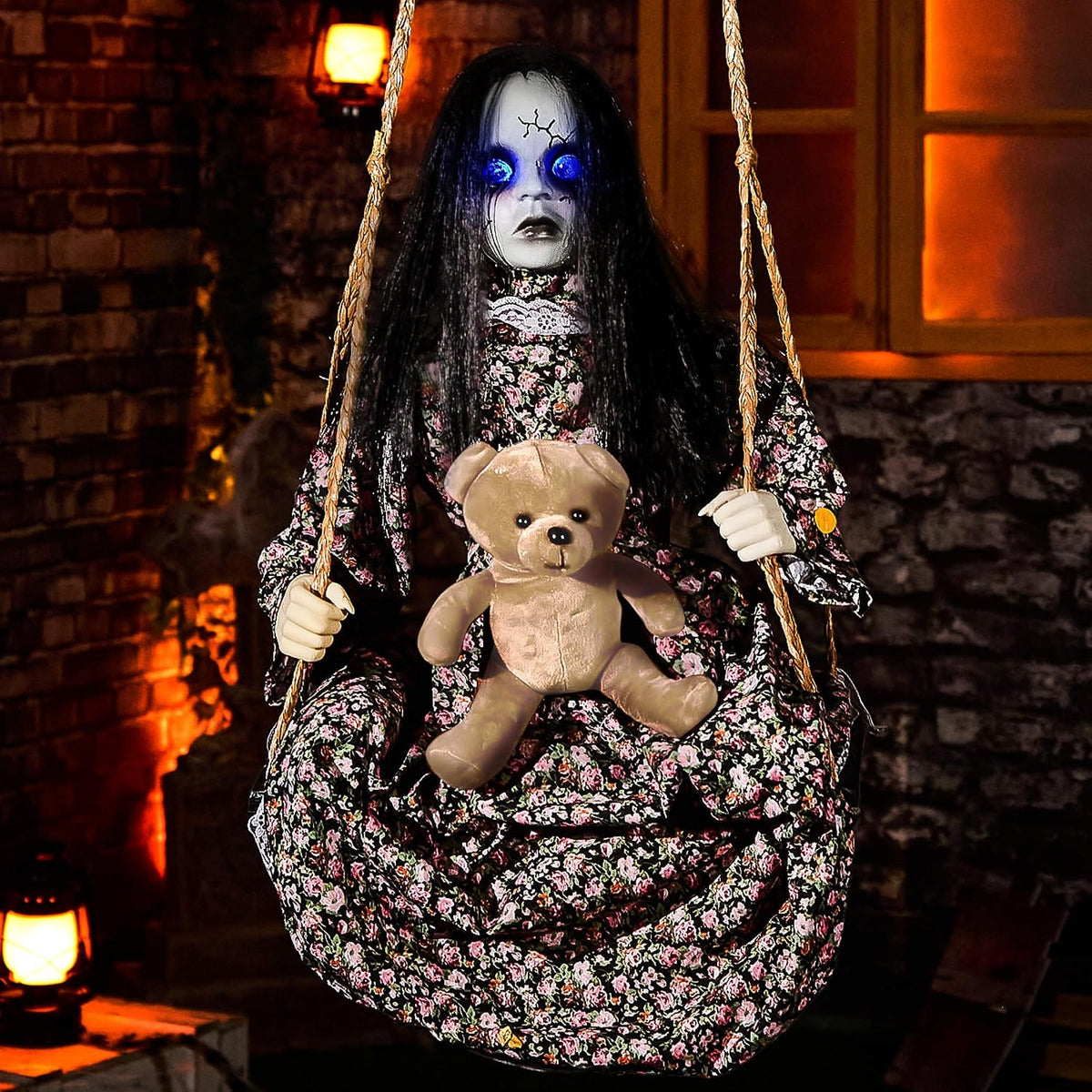 Halloween Animatronics Hanging Swinging Doll Floating Decorations with Motion Sensor Activated, Creepy Sound,